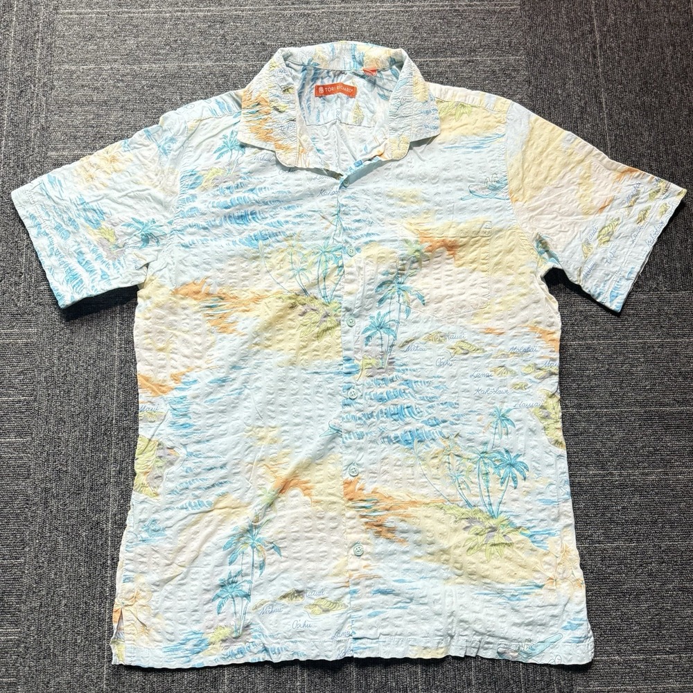 Tori Richard Shirt Men Medium White Tropical Hawaiian Palm Tree Beach Cotton USA
